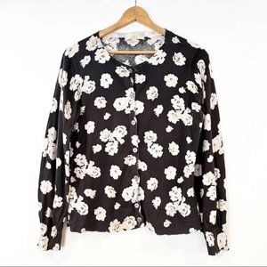 LOFT NWOT WOMENS CREWNECK CARDIGANGRAY WITH PINK FLOWERS SIZE MEDIUM SPRING